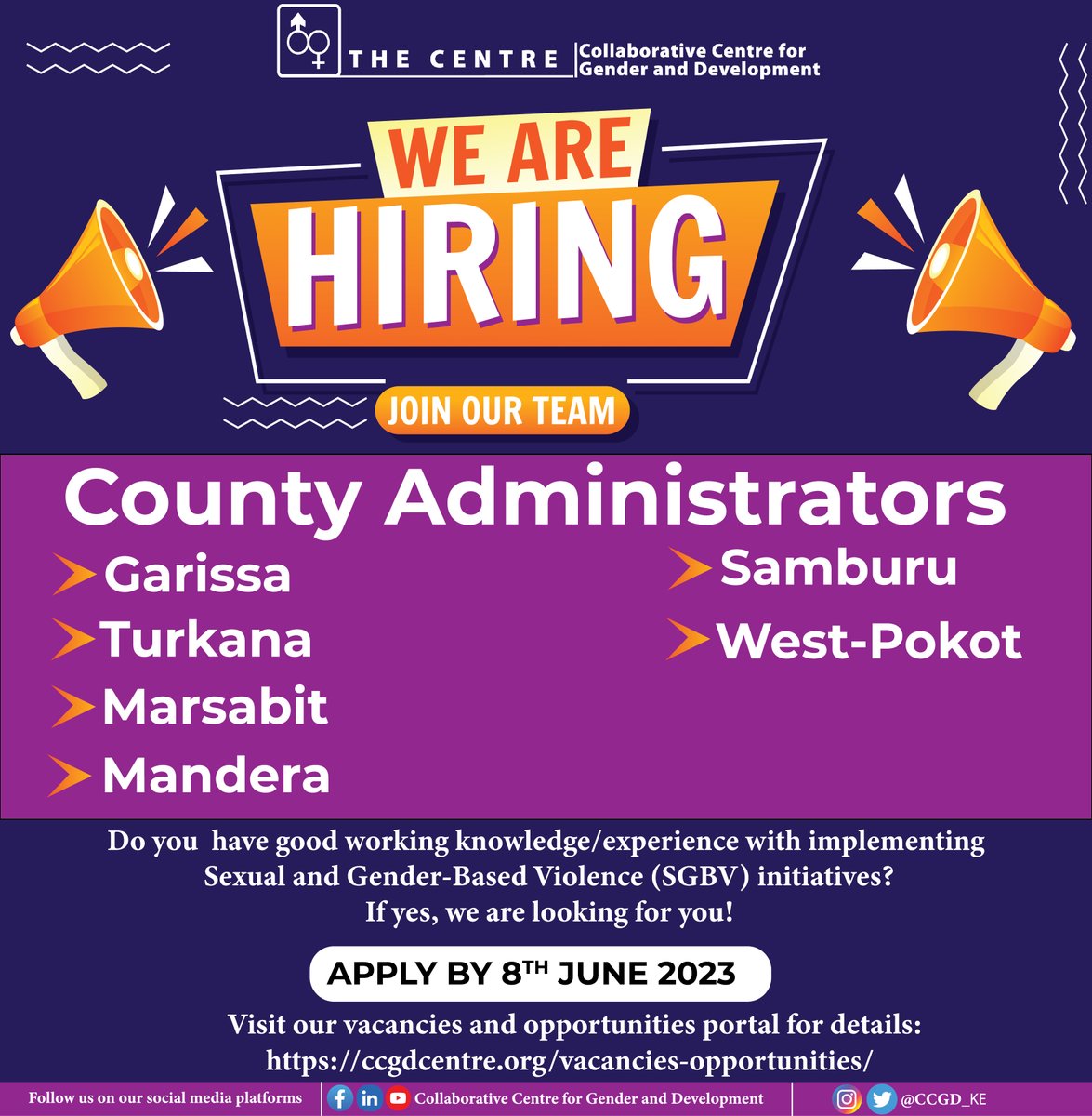 📢#IkoKaziKE Do you have good working knowledge/experience with implementing #SGBV initiatives? If yes, we are looking for you! 

Local residents of #Mandera #Garissa #Turkana #Marsabit #WestPokot & #Samburu are encouraged to apply here.⏩rb.gy/coy6p