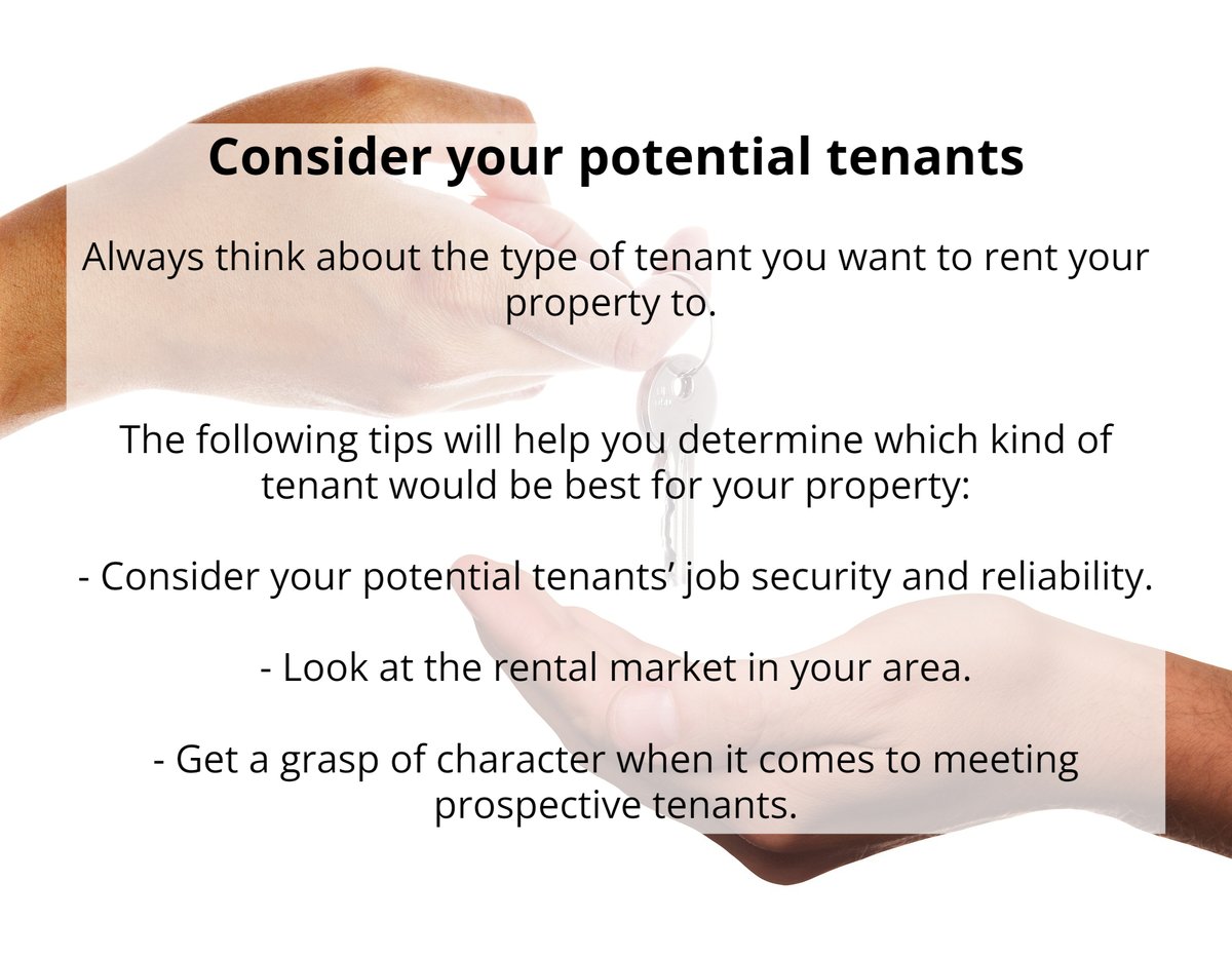 Consider your potential tenants

Some tips include:
- Consider your potential tenants’ job security & reliability.
- Look at the rental market in your area.
- Get a grasp of character when it comes to meeting prospective tenants.

#propertytips #propertyinvestor #cra_property