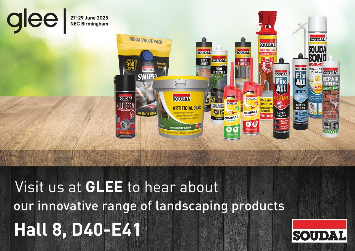 In less than a month and we will be exhibiting at @Glee_Birmingham 2023!

We will be at stand D40-E41 demonstrating and discussing a range of our innovative and versatile products. If you'd like to attend, register here: fal.cn/3yKDZ
#Soudal #BuildTheFuture
