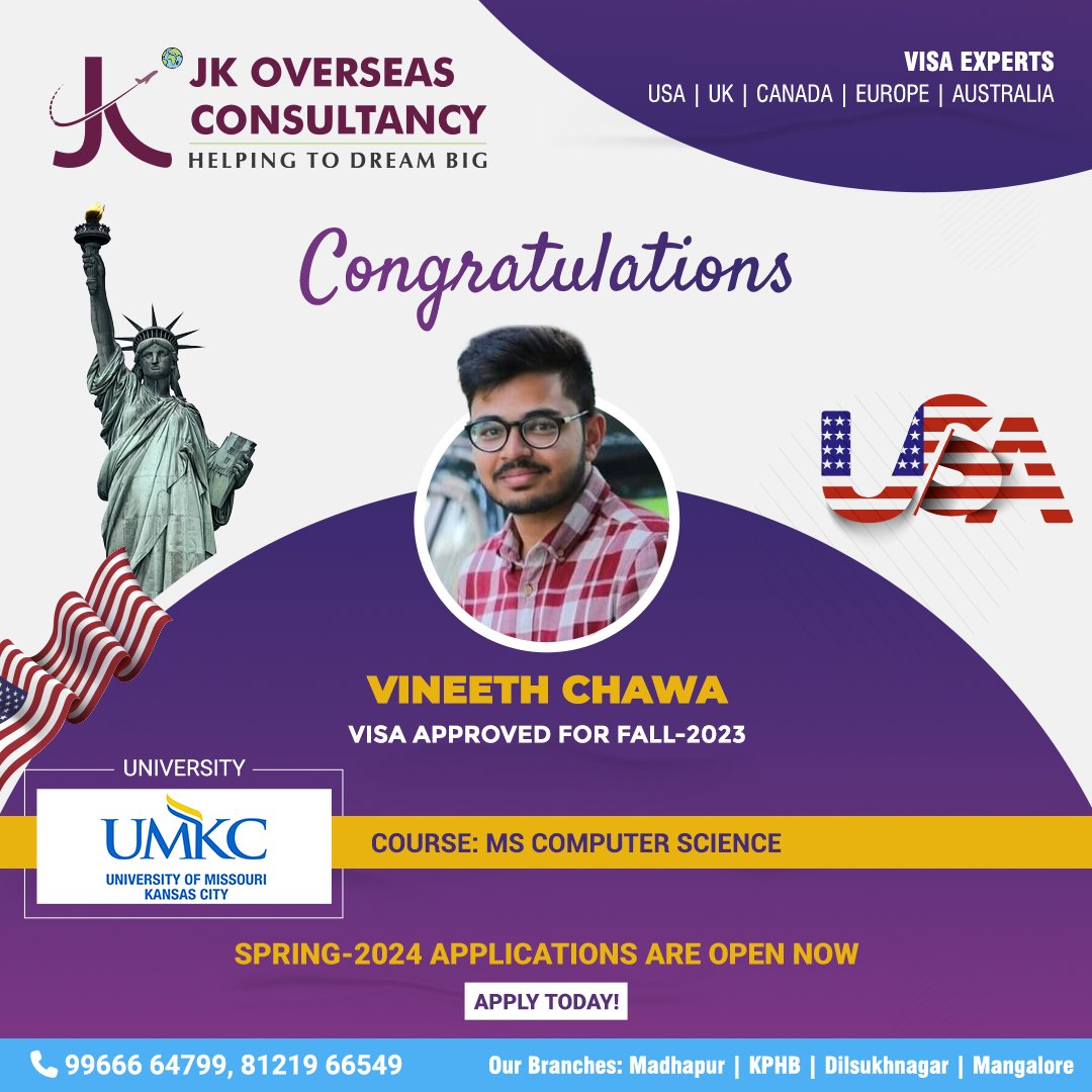 We're excited to announce that Vineeth Chawa has received acceptance to #MSComputerScience at #UniversityofMissouriKansasCity for #Fall2023! 

#JKOverseas #StudyAbroad #StudyUSA #Congratulations #VisaApproved #UMKC #MS #ComputerScience #Computer #Science #Technology #Spring2024