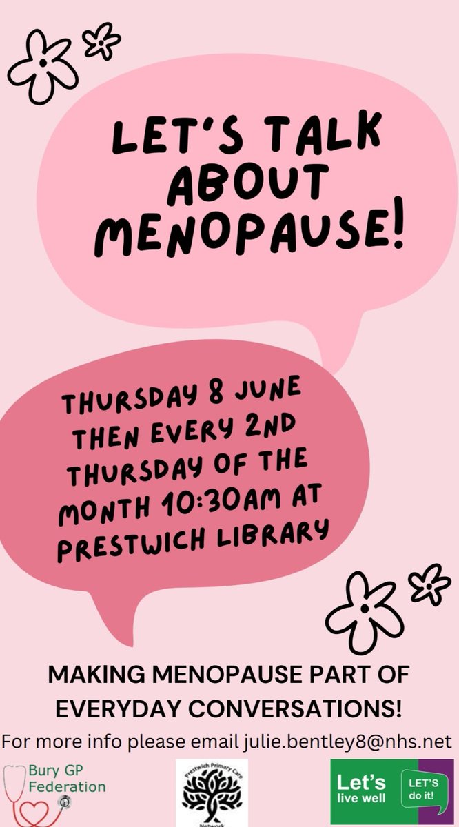 Let's talk about menopause! Join us on Thursday 8 June at 10.30am at Prestwich Library. For more information or if you would be interested in a group at a different time please email julie.bentley8@nhs.net  <a href="/burylivewell/">Bury Live Well Service</a> <a href="/BuryLibraries/">Bury Libraries + Archives</a>