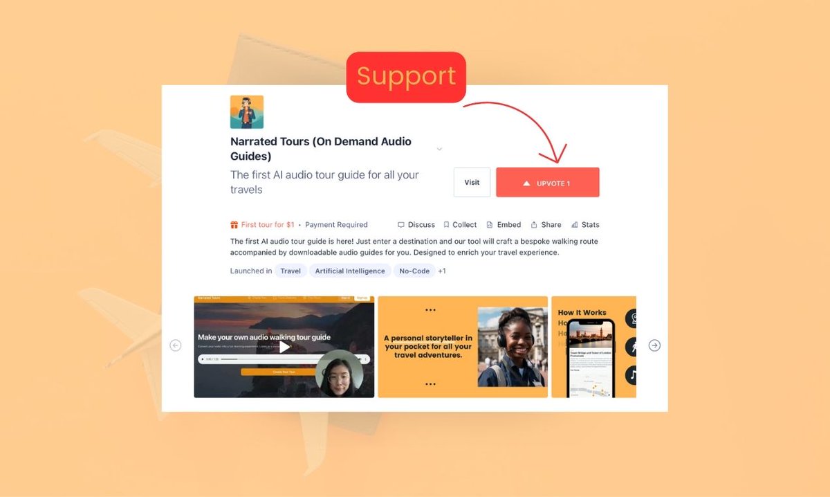 🔥We are LIVE on ProductHunt🔥

I built NarratedTours (the first AI audio tour guide) to test the limits of generative AI. We've come a long way and the MVP is here! 💪

Please check it out and support me producthunt.com/products/narra…

Goal: Get maximum support in 24 hours!