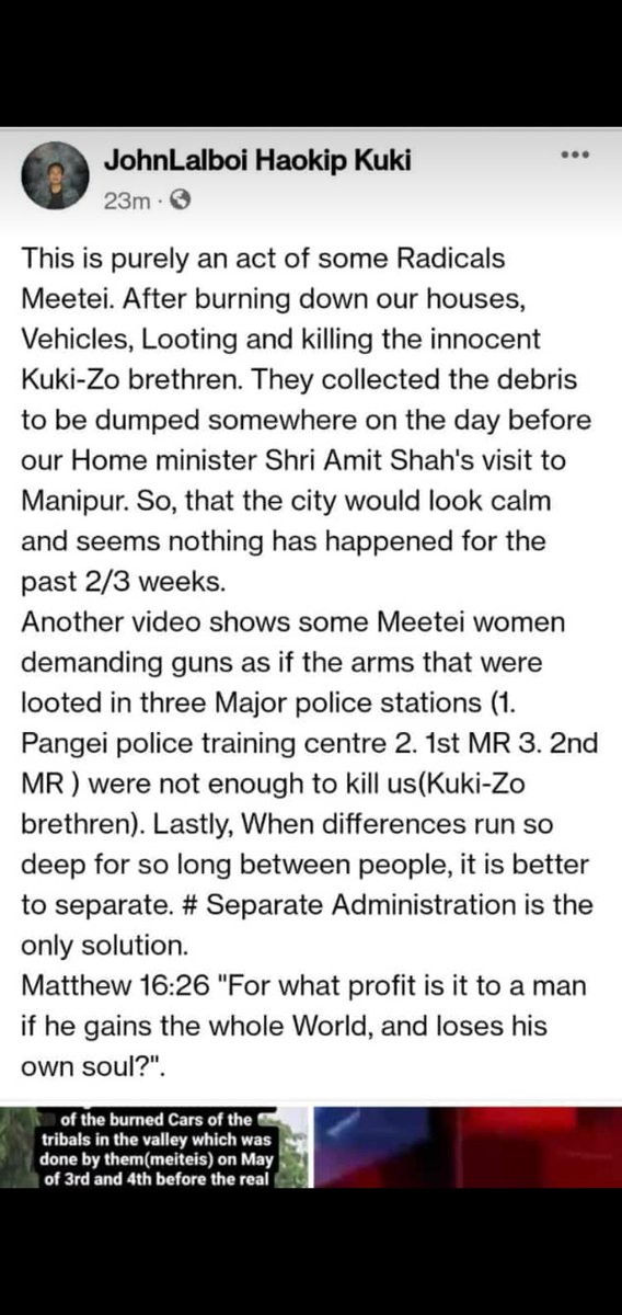 AtongHengna's tweet photo. A day before Home Minister Shri @AmitShah visit to manipur, they (Meitei) collected those burned cars and dump it somewhere. So that the city would look like calm and nothing has happened for the past 2/3 weeks.
@PMOIndia @thewire_in @IndiaToday @rashtrapatibhvn @IndiaTodayNE https://t.co/fWbnnhsrak