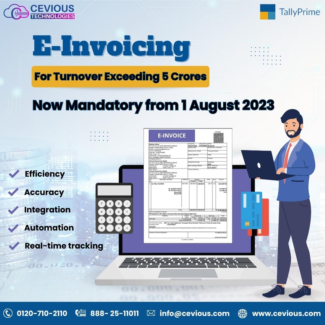 E-invoicing: The Future of Business Transactions
Get ready for e-invoicing! From 1 August 2023, it's mandatory for businesses with turnover exceeding 5 crores.
.
.
#Automation #FutureOfInvoicing #DigitalInvoicing #PaperlessBilling #EfficientAccounting #TallySolutions #CeviousTech