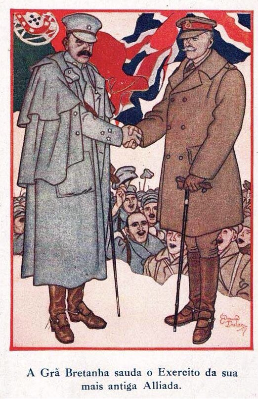 'Great Britain salutes the army of its oldest ally' — British postcard from the First World War (ca. 1918) celebrating the country's alliance with Portugal. Artist: Edmund Dulac.