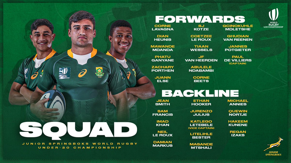 The #JuniorBoks squad for the @WorldRugby U20 Championship have been announced - more here: bit.ly/3IOdlb1 🇿🇦
#JourneyToGreatness #WorldRugbyU20s