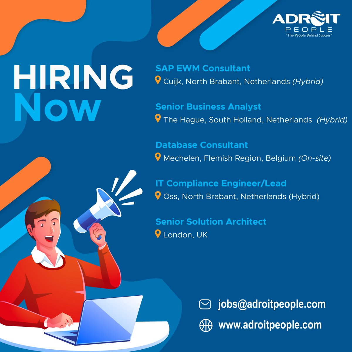 #ImmediateHiring
Please send your resumes to jobs@adroitpeople.com

#netherlandsjobs #europejobs #cujik #thehague #belgiumjobs #belgium
#databaseconsultant #jobsinlondon