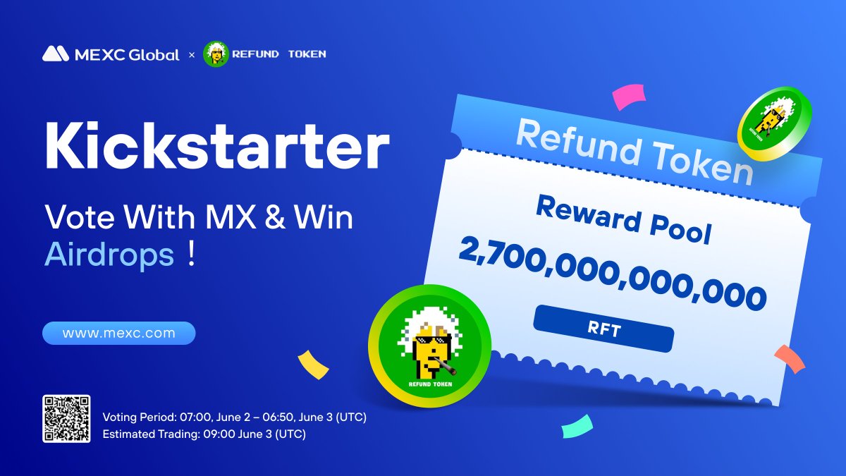 The <a href="/REFUNDTOKEN21/">REFUND TOKEN</a> Kickstarter is coming to @MEXC_Global!

🗳️Vote with $MX to support the $RFT listing and sharing 2,700,000,000,000 $RFT airdrops 
⏰Voting period: 07:00 Jun 2 - 06:50 Jun 3 (UTC)
📈Trading: 09:00 Jun 3 (UTC)

Details: shorturl.at/fkxN4