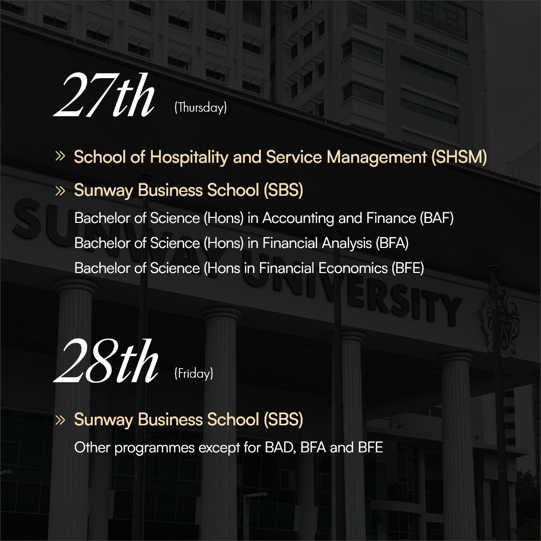 SunwayU's tweet photo. Congratulations to our graduates! Come and commemorate this momentous occasion in our July convocation ceremonies, happening from 25 to 28 July 2023. Check out the convocation dates for our different schools and hope to see you there!

#ClassOf2023 #SunUConvocation #AClassAbove https://t.co/xZly9DCXMz