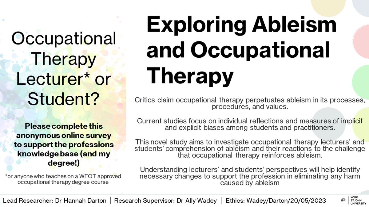 *Occupational Therapy Teaching Staff* *Occupational Therapy Students* Don't miss out on the chance to share your views on OT and ableism! Great response rate so far, but would love to hear from more of you! yorksj.eu.qualtrics.com/jfe/form/SV_5z… #OT #Ableism #Research #HigherEducation