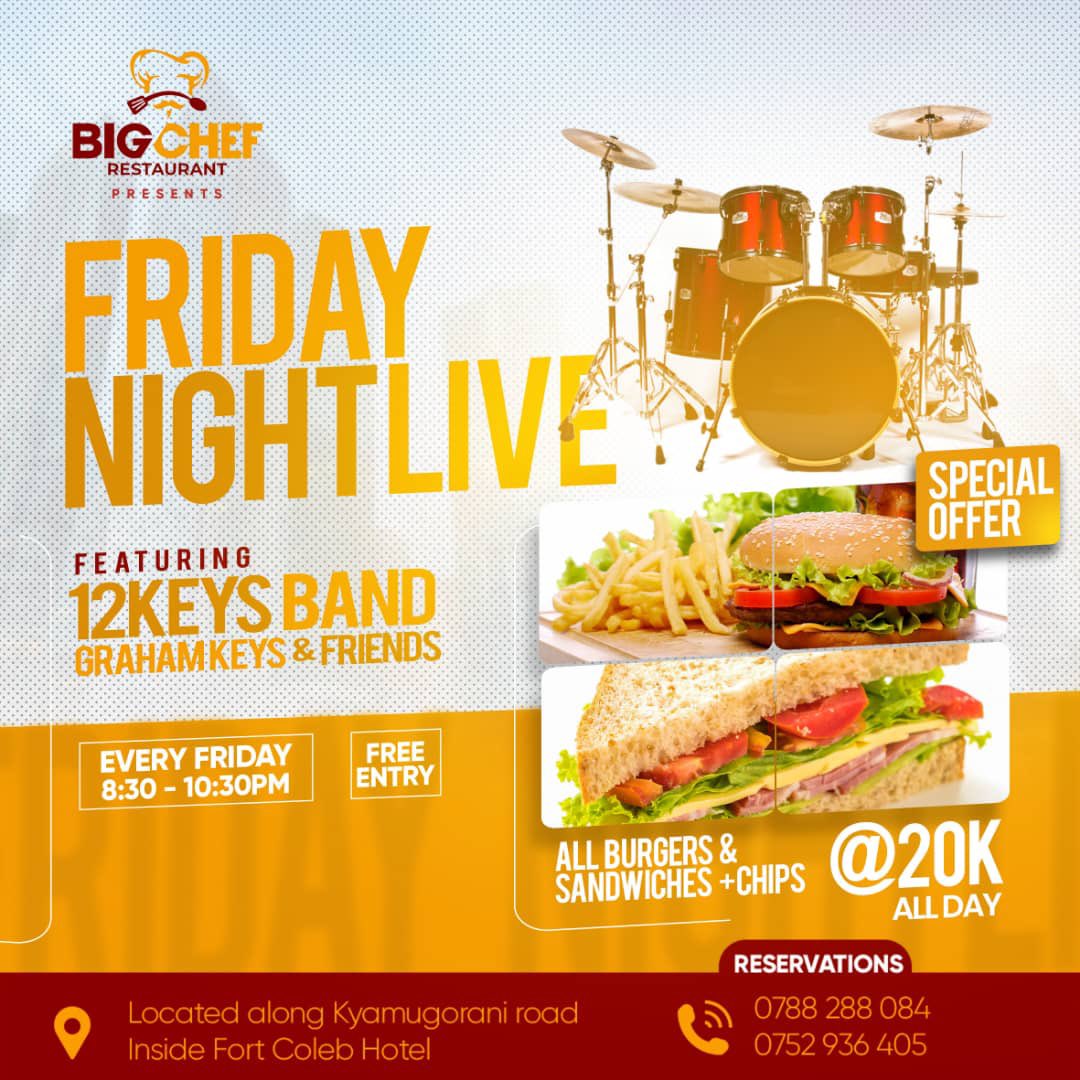 Lovers of good music here comes your Friday Night Plot ☺️☺️☺️💃🏾💃🏾💃🏾
@12keysband will be performing live .@BigchefR ft .@GrahamKeysMusic. Special offer for all burgers and sandwiches + chips at only 20k all day
For reservations call: +256788288084 or +25675293640
#FridayNightLive