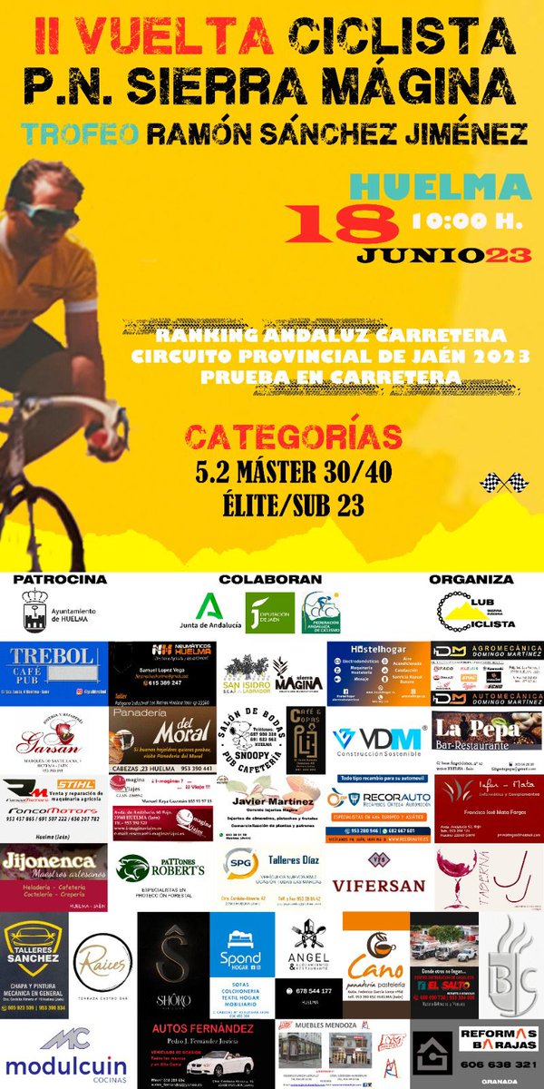 El próximo 18 de junio volveremos a celebrar la Vuelta Ciclista a Sierra Mágina destinada a los ciclistas masculinos de categorías sub23, élite, máster 30 y 40 sobre un recorrido circular de 100km con inicio y final en nuestro municipio. 🚴
#Huelma #VueltaSierraMagina