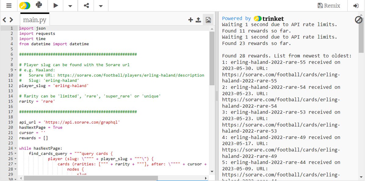 Do you often search for <a href="/Sorare/">Sorare</a>  reward cards as a way to get a player at a discount?
Then this script might help you. It finds rewards that were never sold and sorts them from the most recent to the oldest. (1/2)
