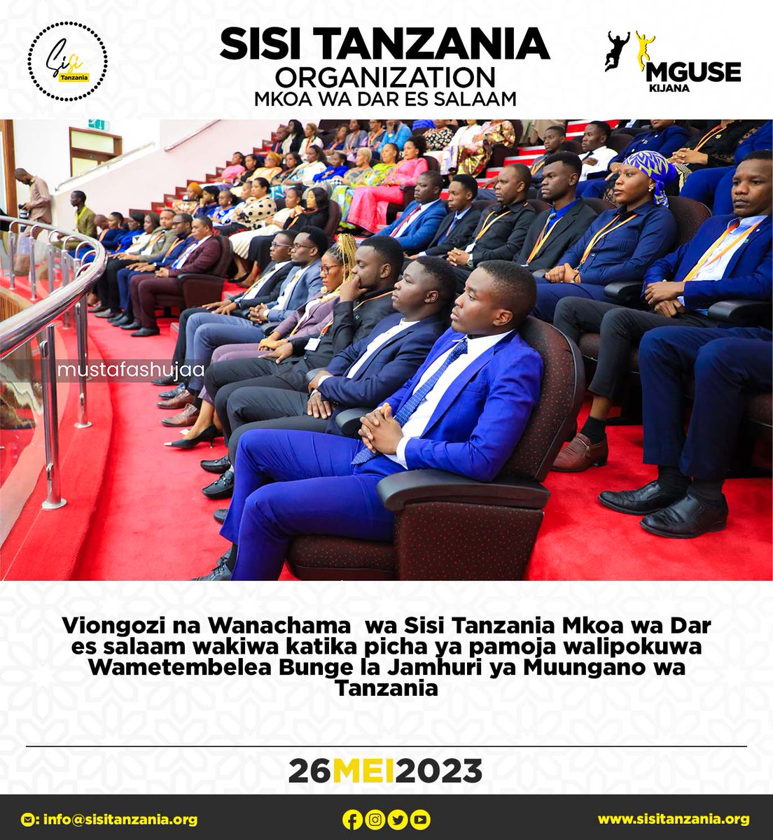 Viongozi na Wanachama wa SisiTanzania Mkoa wa Dar es Salaam wakiwa katika picha ya pamoja walipokuwa wametembelea Bunge la Jamhuri ya Muungano wa Tanzania.
<a href="/bunge_tz/">Bunge la Tanzania</a>

#KijanaOngeaNaMwenzio
#SisiTanzania