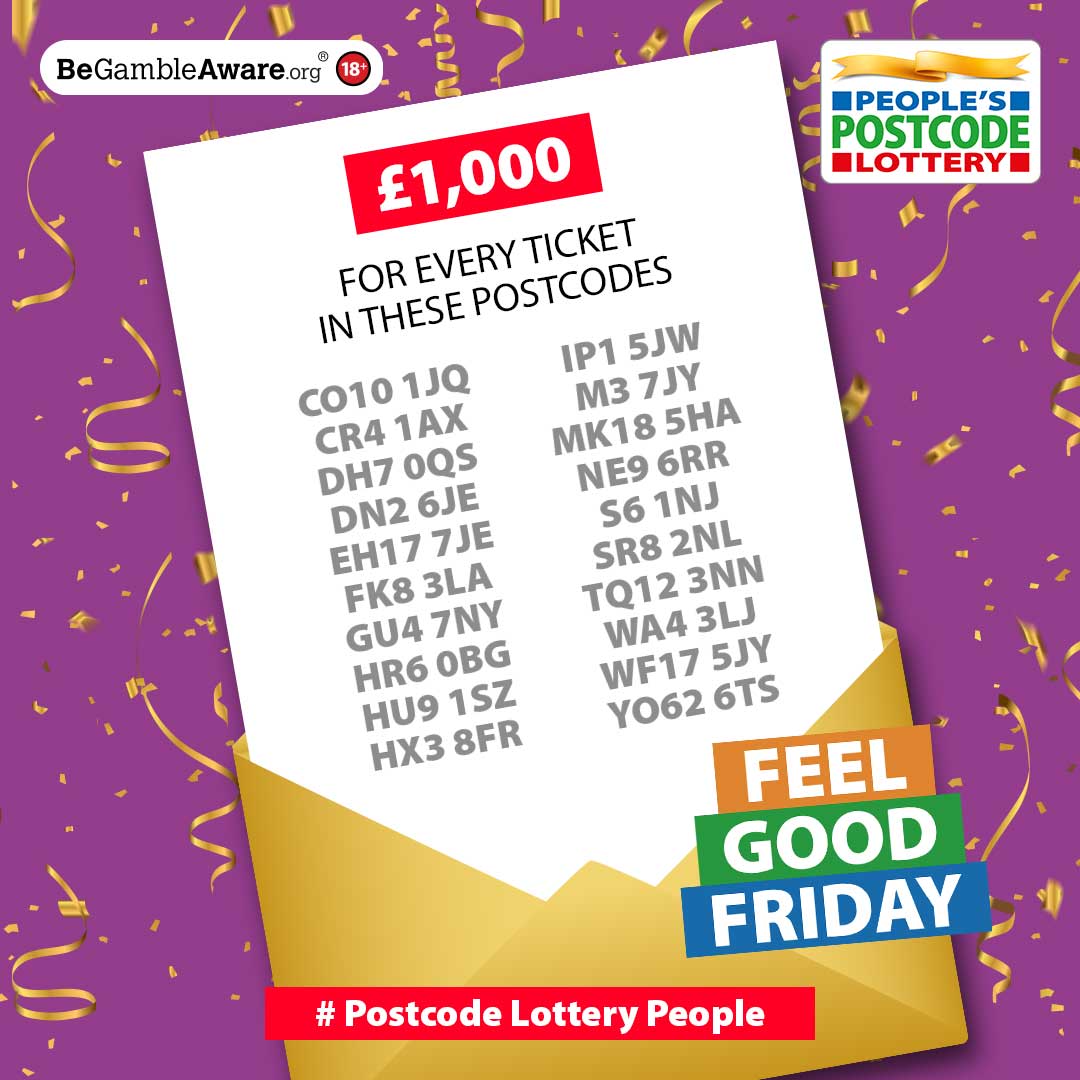 Hooray - it's finally Friday! Are we feeling good? 😁

The #PostcodeLotteryPeople playing with any of these TWENTY £1000 #DailyPrize winning postcodes certainly will be! 💸👍
