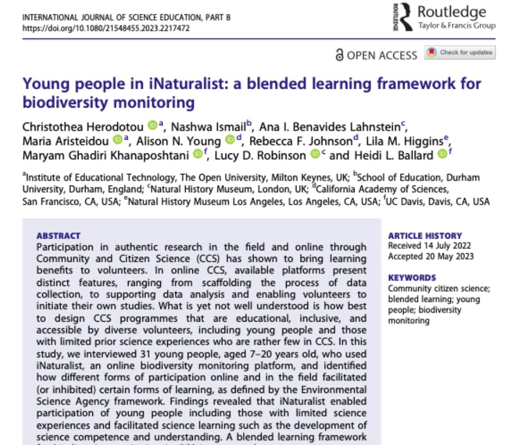 Blended forms of #citizenscience found to support #learning of #young people, no matter their previous #science experiences #inaturalist #inclusion @Nashwa_S_Ismail @aristeidoum @Aanailse @lilamayhiggins @alisonkestrel @RebaFay @MaryAm_Ghadiri @littlelocket @HeidiLBallard