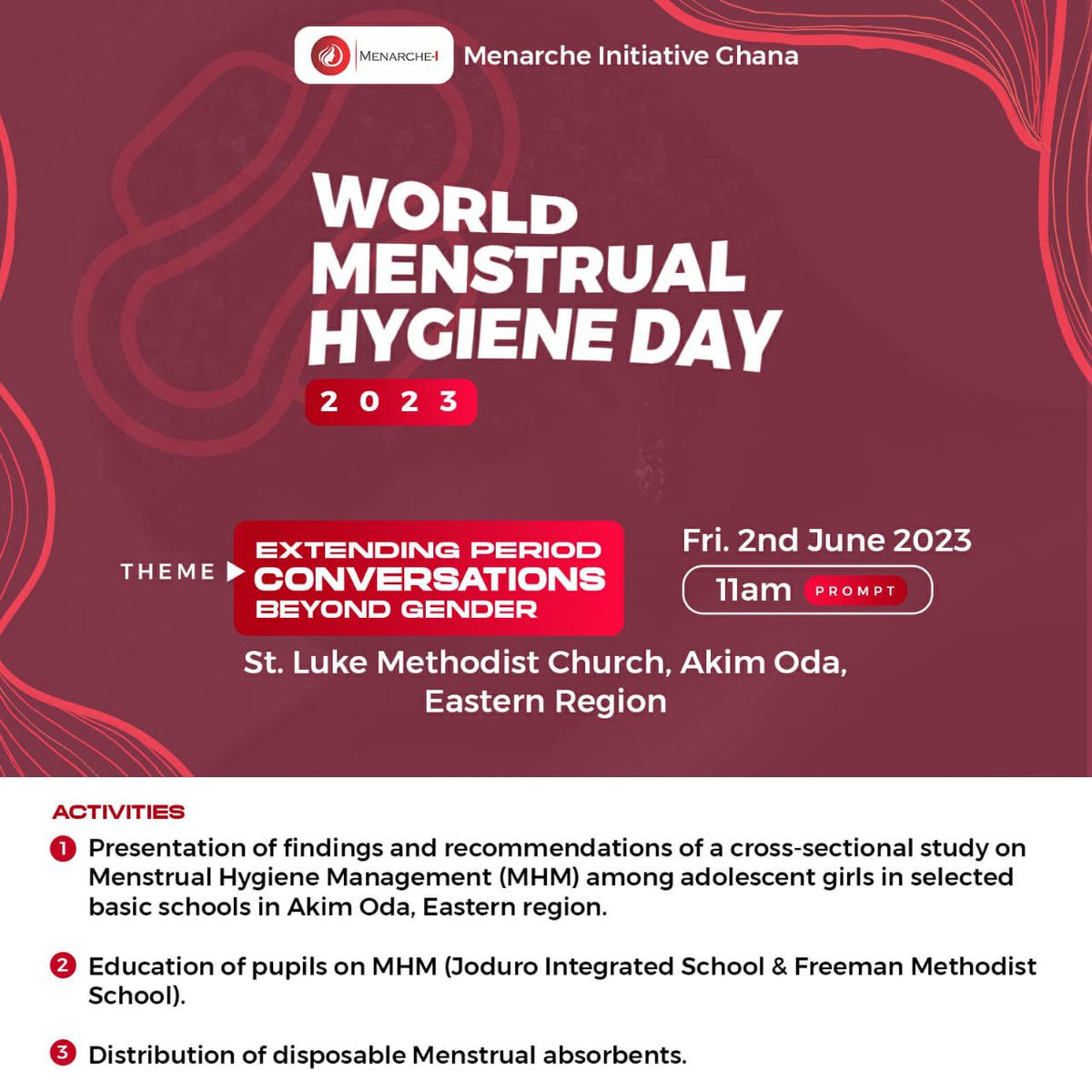 Join us today as we commemorate World Menstrual Hygiene Day 2023 with some adolescents at Akim Oda,Eastern region.

#WeAreCommitted
#EndPeriodStigma
#EndPeriodPoverty
#PeriodEducationForAll
#PeriodFriendlyToiletsForAll