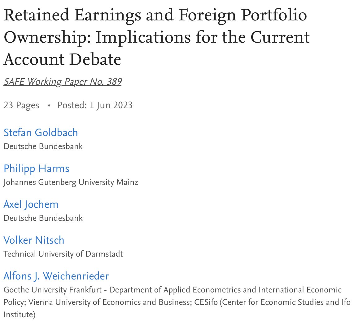 Alfons Weichenrieder (@alfonsj64) on Twitter photo New WP on German current account: missing correction for retained corp earnings attributable to foreign portfolio investors overestimated surplus by some 5% in 2012-2020 period. <a href="/nitschv/">Volker Nitsch</a> @SAFE_FRANKFURT <a href="/GFelbermayr/">Gabriel Felbermayr</a> x.com/FuestClemens <a href="/MartinBraml/">Martin Braml</a> ssrn.com/abstract=44658… New WP on German current account: missing correction for retained corp earnings attributable to foreign portfolio investors overestimated surplus by some 5% in 2012-2020 period. <a href="/nitschv/">Volker Nitsch</a> @SAFE_FRANKFURT <a href="/GFelbermayr/">Gabriel Felbermayr</a> x.com/FuestClemens <a href="/MartinBraml/">Martin Braml</a> ssrn.com/abstract=44658…