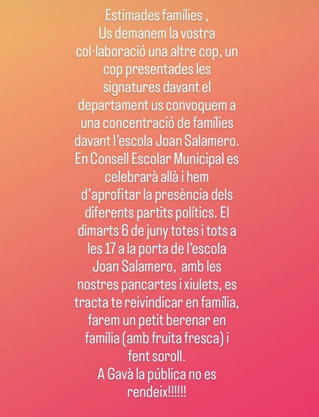El proper 6 de juny a les 17:00 a la porta de la Escola Joan Salamero continuarem la lluita amb una concentració coincidint amb el Consell Escolar Municipal.
#NoTancanentI3PublicaGava