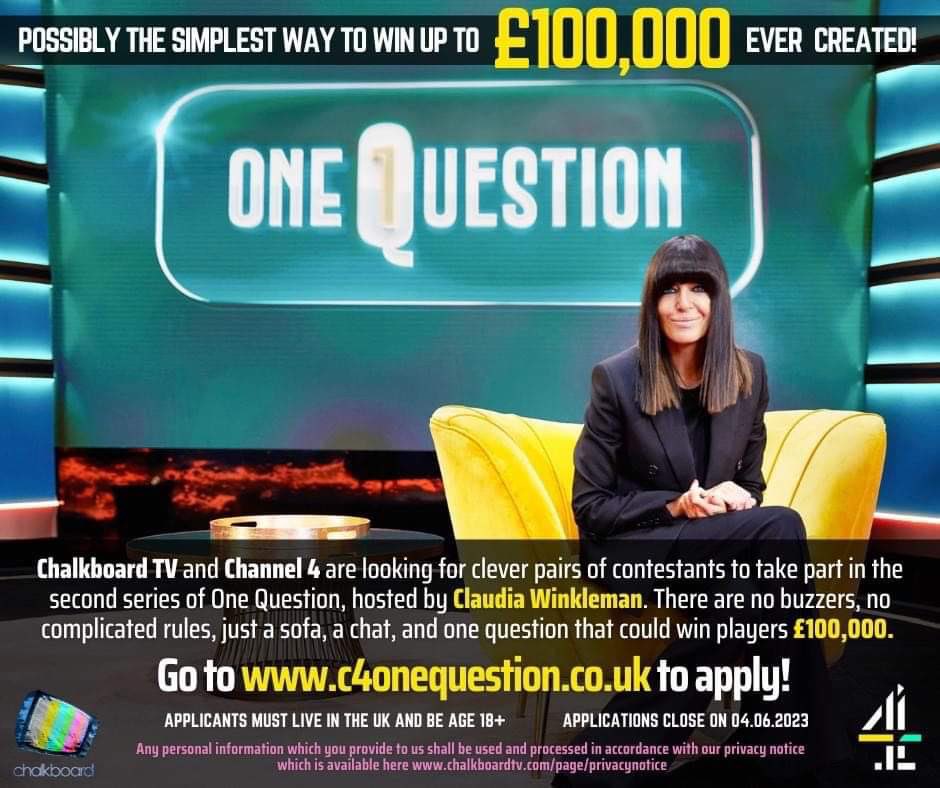 / #CASTINGCALL /

#ChalkboardTV are looking for #clever pairs of #contestants for @Channel4’s #OneQuestion w/ #ClaudiaWinkleman, where you could #win up to £100K 1️⃣❓

👉c4onequestion.co.uk

#generalknowledge #trivia #facts #didyouknow #quiz #quizshow #pubquiz #thecastingcrew