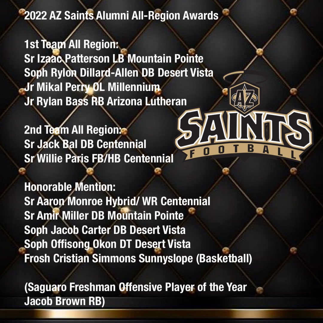 azsaintsorg's tweet photo. Congratulations AZ Saints Alum on a great 2022 Fall Season! (Let me know if I missed anyone else) @ZachAlvira @azc_obert @JUSTCHILLY @CodyTCameron 
#AzSaints #WhoDat #Since2007 https://t.co/UgFX4IJyb4