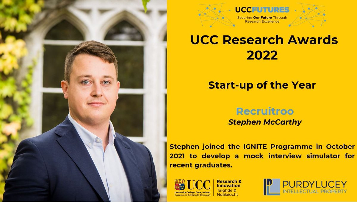 Huge congratulations to IGNITE Alum, Stephen MacCarthy co-founder of RecruitRoo on winning the award for Start-up of the Year at the #UCCResearchAwards. 👏👏#UCCInnovates