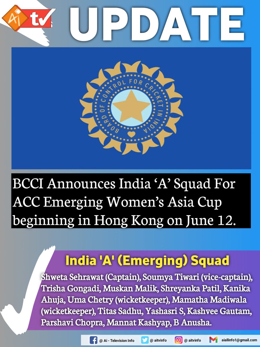 BCCI Announces India ‘A’ Squad For ACC Emerging Women’s Asia Cup.

#BCCI #WomensAsiaCup #IndianCricketTeam #WomenCricket