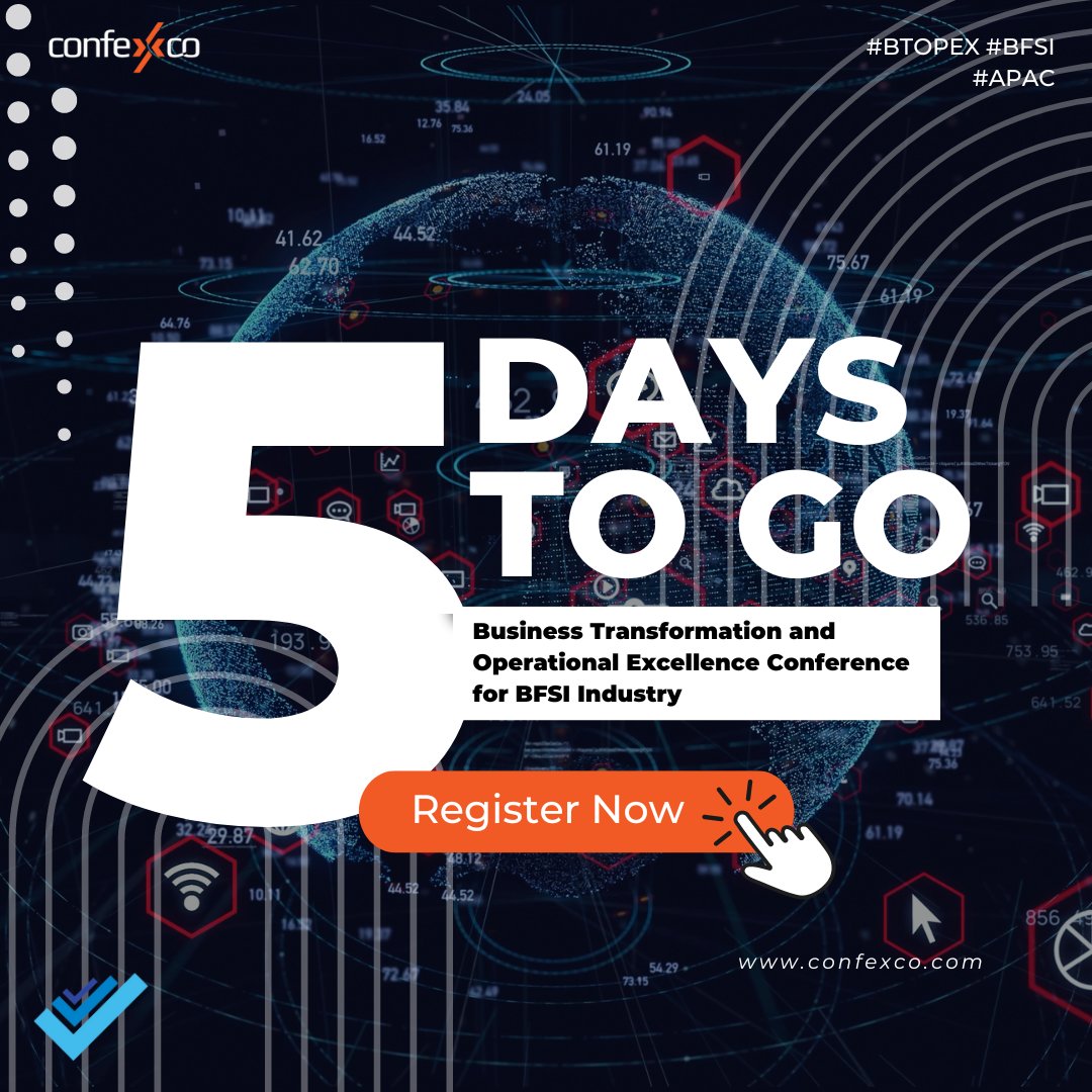 🌟 5 DAYS TO GO! 🌟 Save the date: 8-9 June 2023! 🗓️ We're thrilled to invite you to the ultimate #businesstransformation and #operationalexcellence Conference for the #bfsi Industry! Register Now!!
#BFSI #2023events #banking #finance #insurance #fintech #btopex #apac #singapore