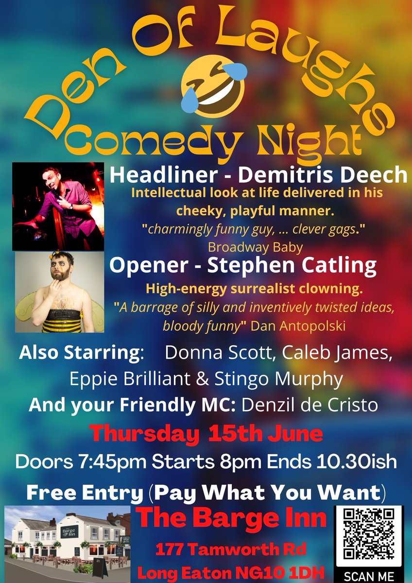 Comedy night at The Barge Inn Long Eaton Thurs 15th June. Free entry / pay what you want. 6 comedians inc pro headliner @DemitrisDeech 
@LongEatonLife #longeaton #sawley #comedynight