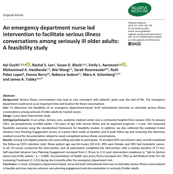 An emergency department-based, nurse-led brief motivational interview to stimulate serious illness conversations is feasible and improved advance care planning engagement and documentation in seriously ill older adults. #hpm #hapc #acp journals.sagepub.com/doi/full/10.11…