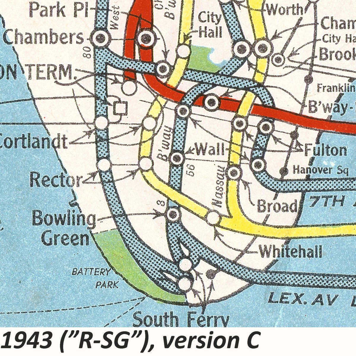 The first of the Hagstrom subway maps to be issued as the official pocket map in 1943/44 was printed in three versions. 'A' had orange BMT, 'B' and 'C' had yellow BMT; while 'A' and 'B' had a different cartouche from that of 'C'.