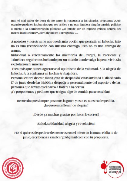Como ya comunicamos hace unos días. Tomamos la difícil decisión de cerrar el Cargol. Aquí os compartimos el manifiesto de despedida 
#Tarragona #cultura #politica #IMPORTANTE #Información #difusion