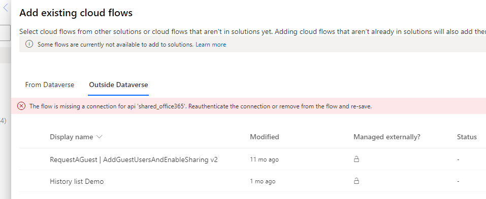 Any #poweraddicts able to help me with this error?? Trying to bring an existing flow into a solution, the flow has a valid Office 365 Outlook connection which I've reauthenticated a million times and even tried removing it 😥😥 any clues?