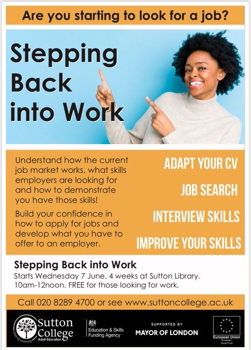 Are you #lookingforwork?

 @suttoncollege is launching a new FREE course - 'Stepping Back into Work'. 

#JobSerach #SuttonCollege