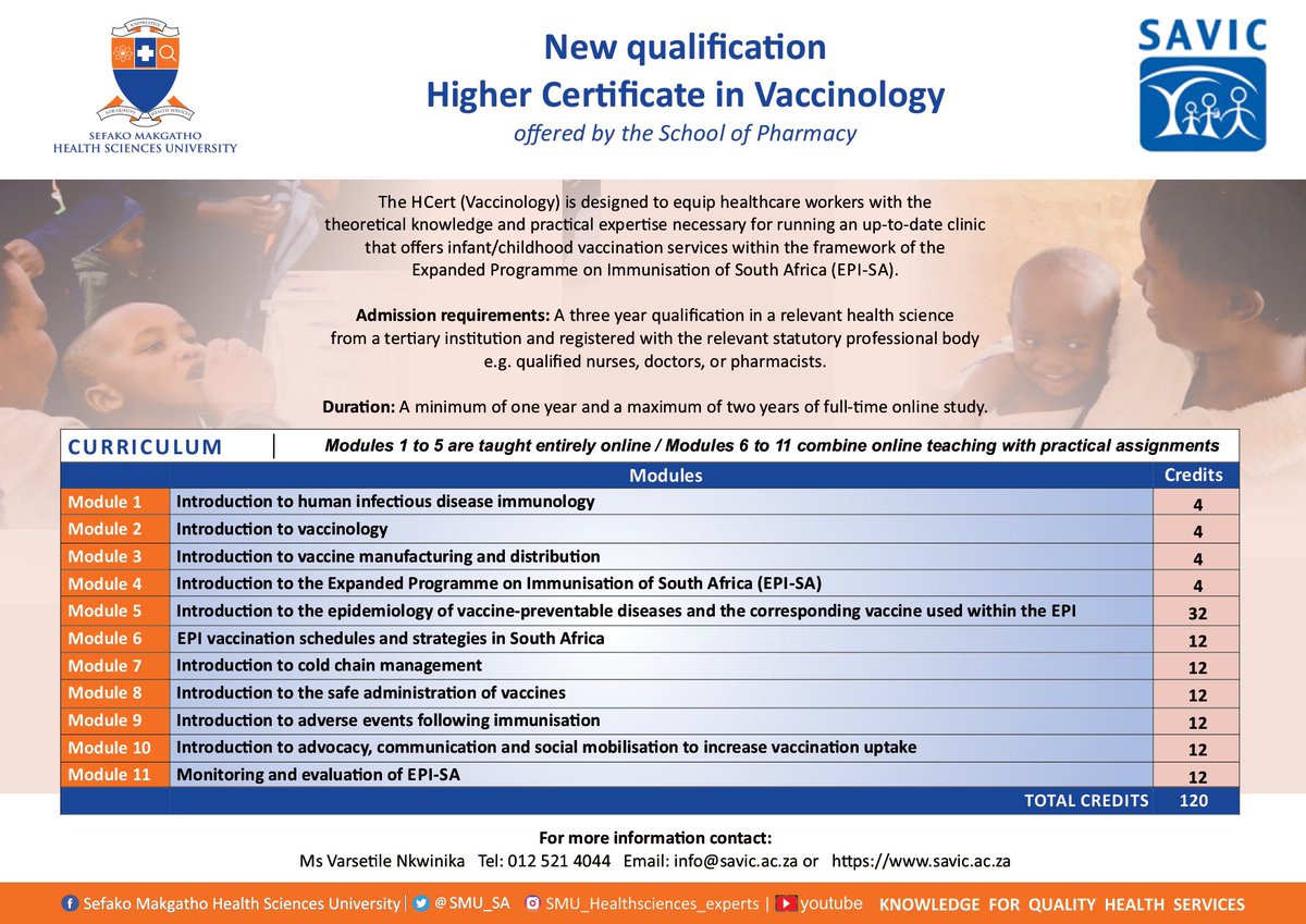 Online applications for the 2024 academic year are now open. Apply using this link: smu.ac.za/students/apply…
Email info@savic.ac.za for more information. 🙂 @SMU_SA @SMU_PHPM @HealthZA @kereadysa  @YHA_Africa @MahlabaK @vnkwinika @nontobacc944 

#SMU #HCert #Vaccinology