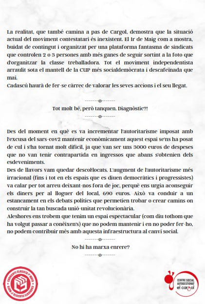 CSAElCargol's tweet photo. Como ja vam comunicar fa uns dies. Hem pres la difícil desició de tancar el Cargol. Aquí us compartim el manifest de comiat
#Tarragona #cultura #politica #difussió #informació #important https://t.co/5iWcjbYVSA