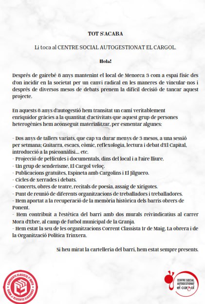 CSAElCargol's tweet photo. Como ja vam comunicar fa uns dies. Hem pres la difícil desició de tancar el Cargol. Aquí us compartim el manifest de comiat
#Tarragona #cultura #politica #difussió #informació #important https://t.co/5iWcjbYVSA