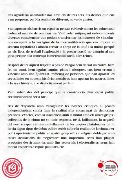 CSAElCargol's tweet photo. Como ja vam comunicar fa uns dies. Hem pres la difícil desició de tancar el Cargol. Aquí us compartim el manifest de comiat
#Tarragona #cultura #politica #difussió #informació #important https://t.co/5iWcjbYVSA