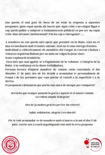 Como ja vam comunicar fa uns dies. Hem pres la difícil desició de tancar el Cargol. Aquí us compartim el manifest de comiat
#Tarragona #cultura #politica #difussió #informació #important