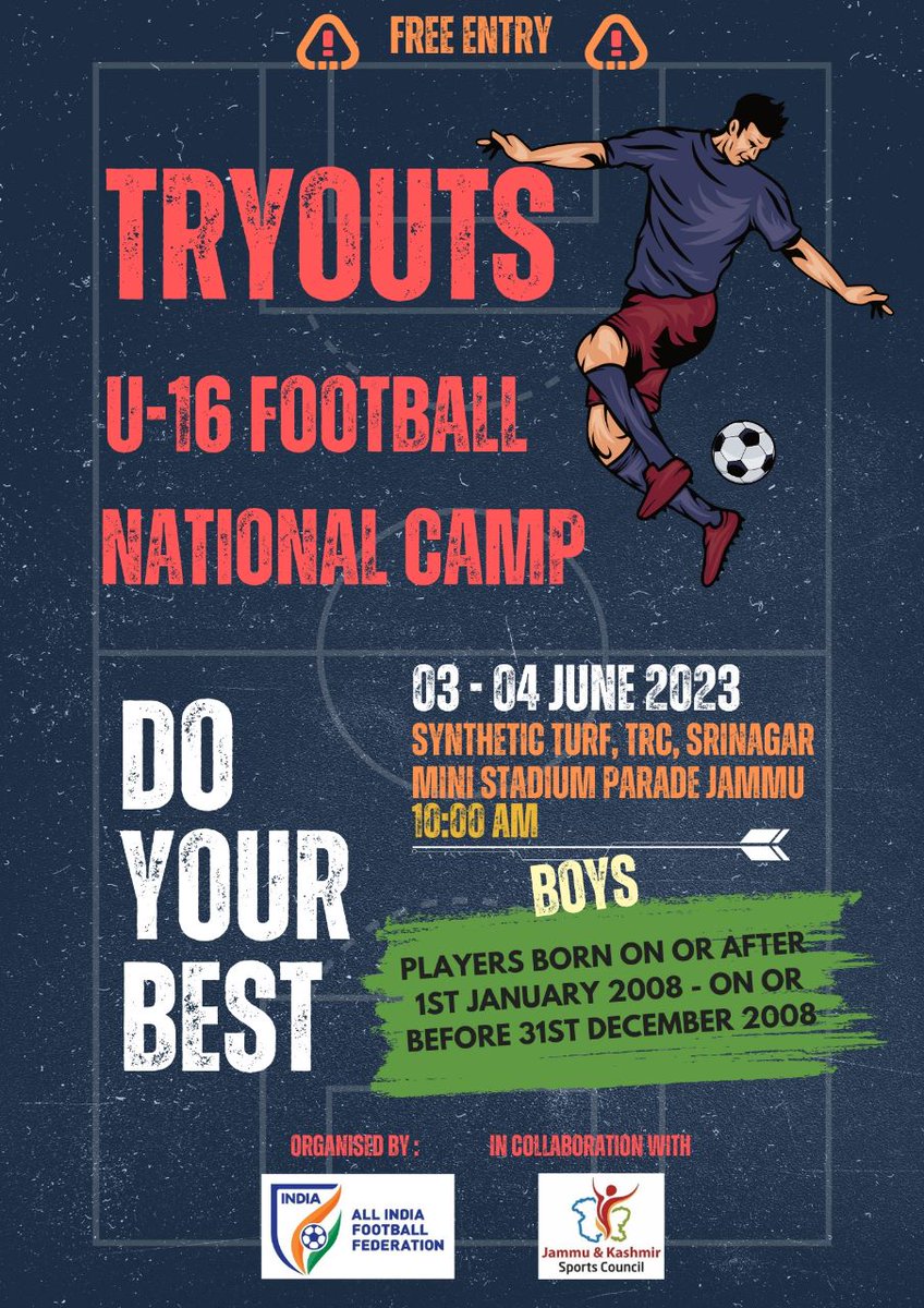 JKSportsCouncil's tweet photo. Good news for footballers of J&K.
J&K Sports Council is conducting
Open Selection Trials for Zonal Level Selection of SAFF Cup Indian National Football Team U-16 Boys on 3rd & 4th June 2023 at Synthetic Turf TRC Srinagar and Mini Stadium Parade Jammu.
#DOJOIN. https://t.co/ajvCWJ8Flg