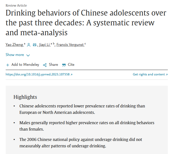 We examined teen drinking behaviors in China, home to the world's second largest youth population, and found high prevalence rates for all drinking behaviors, with no decline since the govt's 2006 underage drinking policy. Congrats to Dr Zheng! @inpurier sciencedirect.com/science/articl…