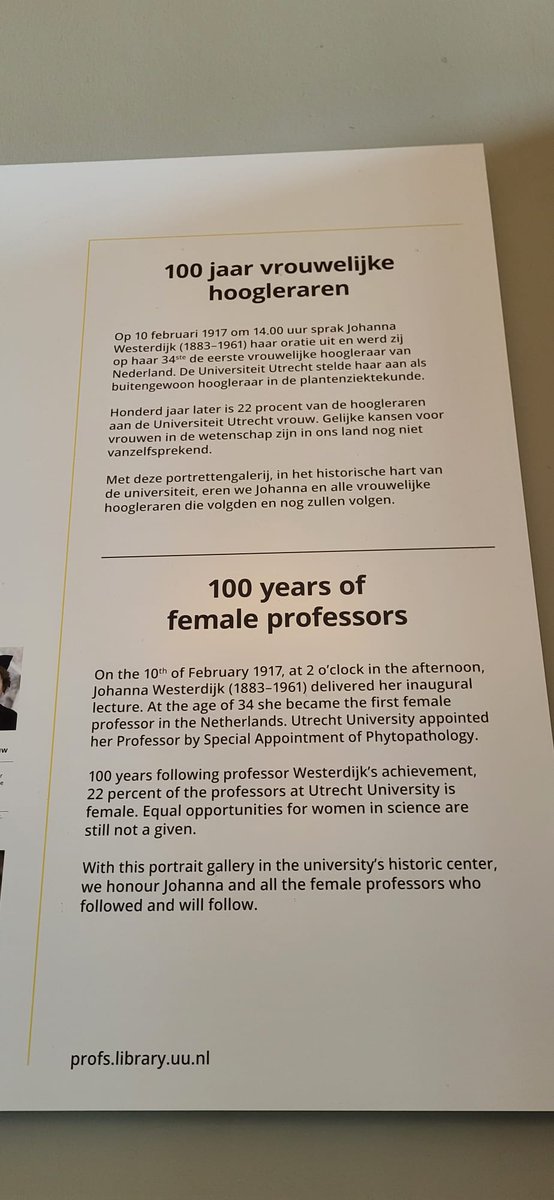 In love with the portrait gallery of female professors at Utrecht University (@UniUtrecht) in honour of Johanna Westerdijk. She gave her inaugural lecture on 10 February 1917, becoming the first female professor in the Netherlands utrechttimemachine.nl/en/story/100-y… 👇

#REWIRINGinstitutions