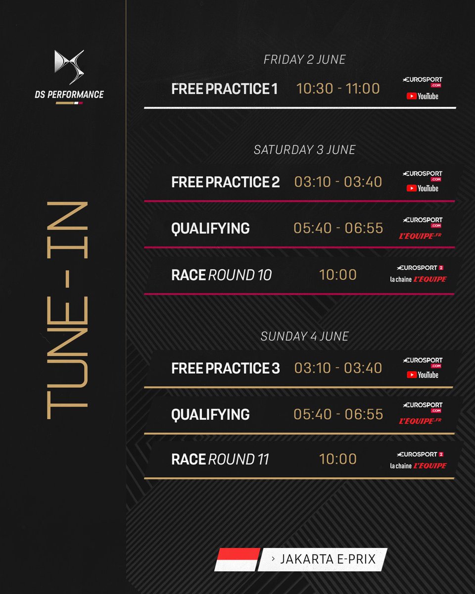 Your program for the weekend 🇫🇷

To stay tuned from another country 👉 bit.ly/waystowatchS9

#DSautomobiles #DSPENSKE #JakartaEPrix