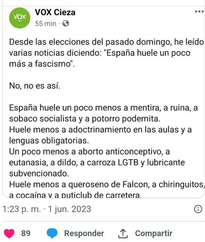 Nos llevamos las manos a la cabeza. ¿Cómo es posible tanta zafiedad? nos preguntamos, pero creo que es el texto que mejor describe el sustrato ideológico del murciano. Asumamos la realidad de una tierra muy conservadora y muy necesitada de un programa de alfabetización política.