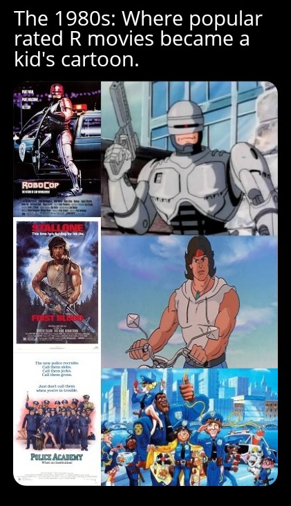 #The80s #RatedRMovie #Robocop #Rambo #PoliceAcademy #cartoons