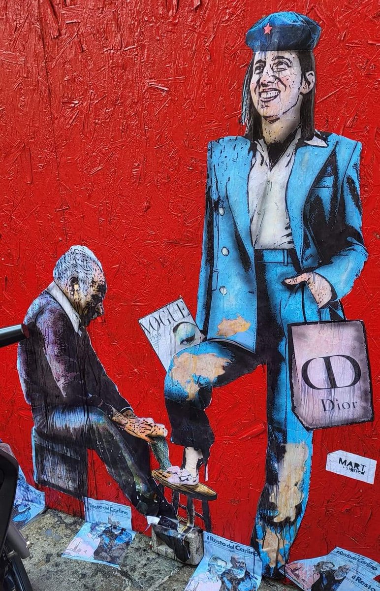In Bologna, artist Mart Signed created a mural about PD secretary Elly Schlein: the secretary, dressed in designer clothes and a beret with a red star, has her shoes cleaned by a shoe shiner

June 1st, 2023