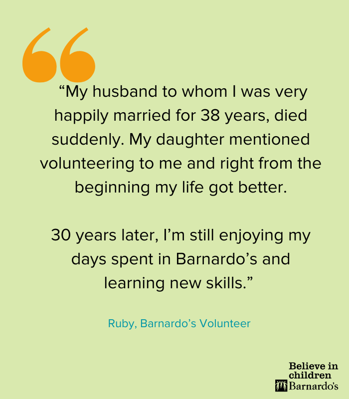 barnardos's tweet photo. Ruby has been a @barnardos volunteers for 30 years!🎉 🙌

Thanks to the dedication of volunteers like Ruby, our services are able to reach more children, young people, and families across the country.

Find out about volunteering with us: https://t.co/TiVFaQyA2H
#VolunteersWeek https://t.co/QC6MX5DuTp