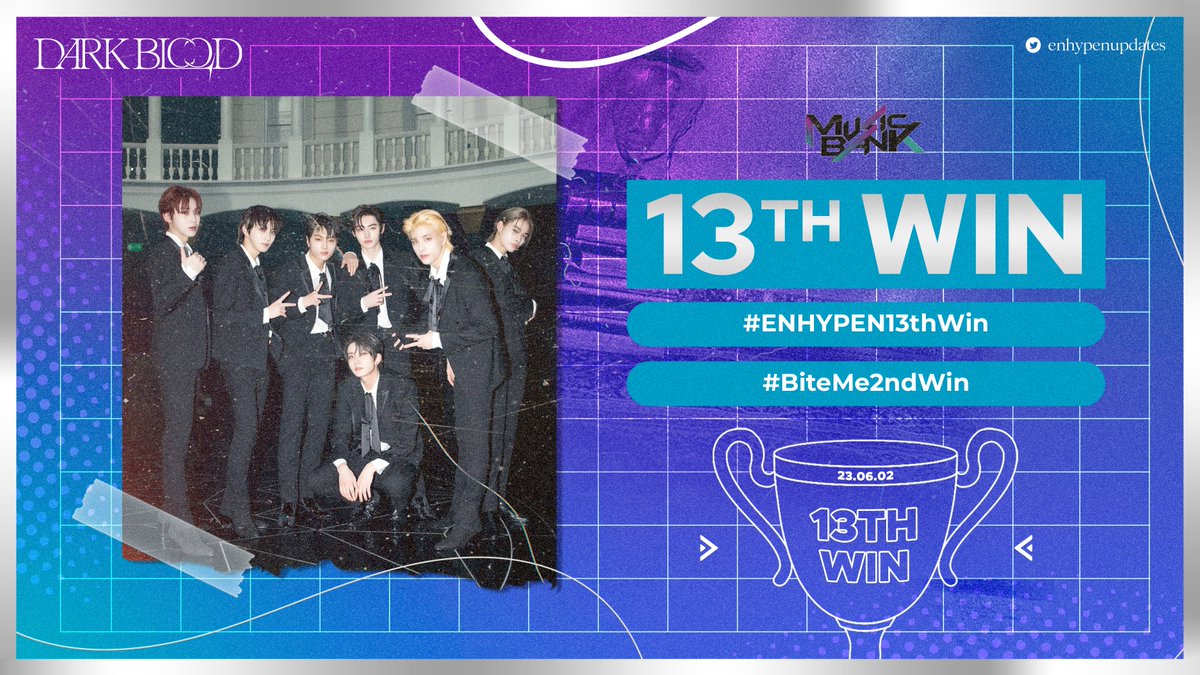 Congratulations to ENHYPEN for winning 1st place on 'Music Bank' with #BiteMe! 🏆

BITE ME SECOND WIN
#ENHYPEN13thWin #BiteMe2ndWin #BiteMe #DARKBLOOD #ENHYPEN <a href="/ENHYPEN_members/">ENHYPEN</a> <a href="/ENHYPEN/">ENHYPEN OFFICIAL</a>