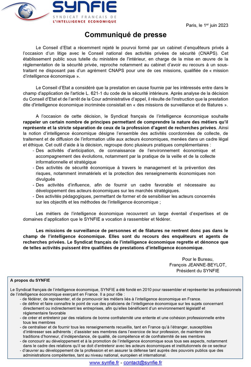 Suite à une récente décision du <a href="/Conseil_Etat/">Conseil d'État</a>  le #SYNFIE rappelle un certain nombre de principes pour  comprendre la nature des métiers de l'#IntelligenceEconomique et la stricte séparation de ceux de la profession d’agent de  recherches privées #ARP. synfie.fr/communique-du-…