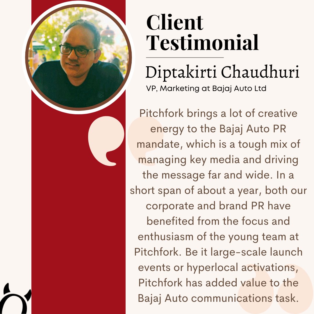 PitchforkLLP's tweet photo. To a journey that began a year ago, our association with @_bajaj_auto_ltd has been a tremendously empowering and impactful experience. It has given us the opportunity to dive into many dynamic and creative communication projects.

#ClientReview #ClientTestimonial
@diptakirti https://t.co/LJDlC3KUap